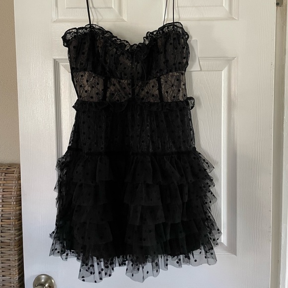 NWT For Love and Lemons Jules Mini Dress with Tiered Ruffles in Black M L